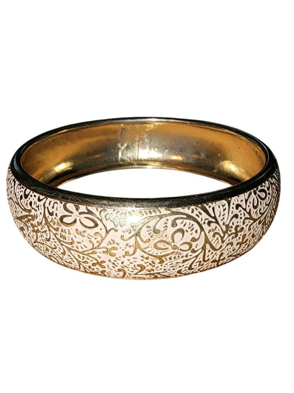 Vintage Gold Tone & Pink Floral Ornate Bracelet Jewelry Etched Embossed